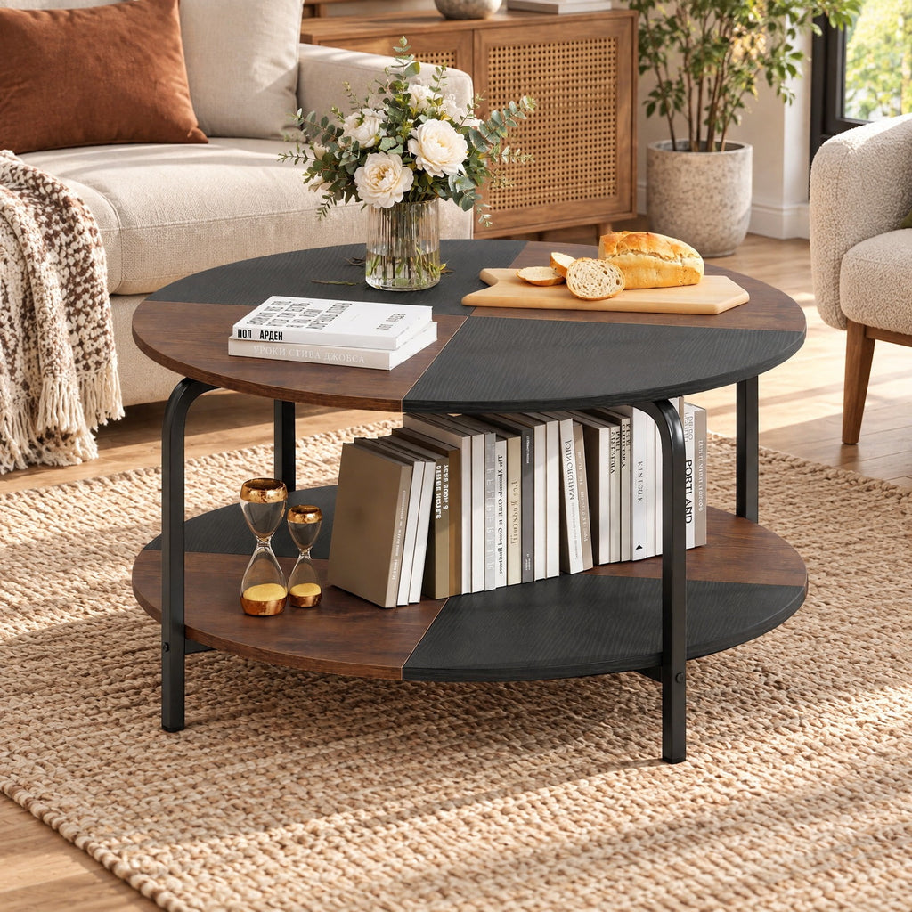 Airfind 2-Tier Round Coffee Table Metal Frame with Storage Shelf, 220 lbs Capacity, Engineered Wood Metal Frame, Coffee