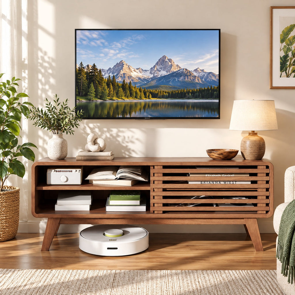 Airfind TV Stand for TVs up to 55 Inch with Sliding Door and Adjustable Shelves for Living Room, 220 Lbs Capacity, Rubber Wood MDF, Brown