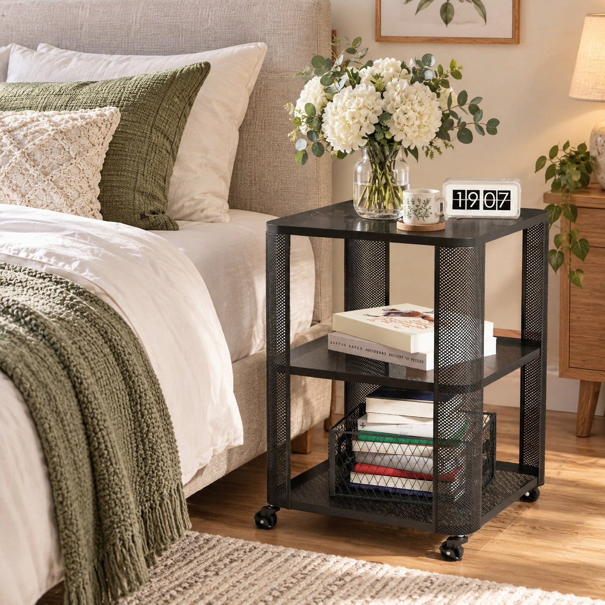 Airfind 3-Tier End Table with Wheels Rolling Side Table with Open Storage Shelves-Set of 2, 112 lbs Capacity, Metal Frame, 16 x 16 x 22 Footprint