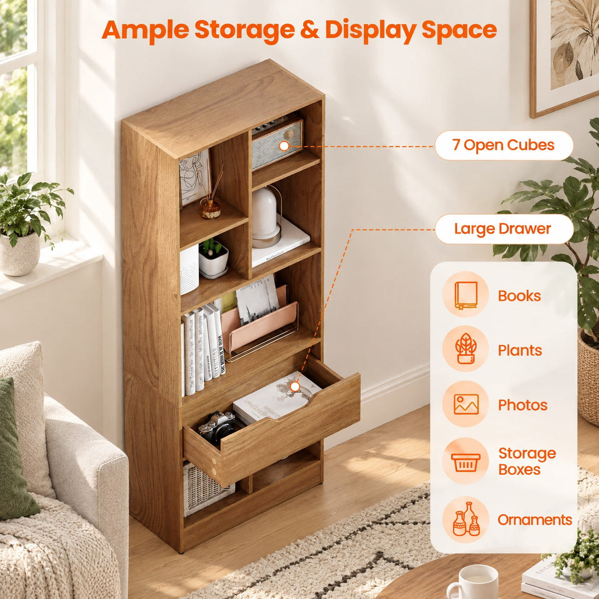 Airfind 51inch Tall Freestanding Bookcase with Drawer 7-Cube Storage Organizer, 165 lbs Capacity, Engineered Wood MDF Frame, Natural
