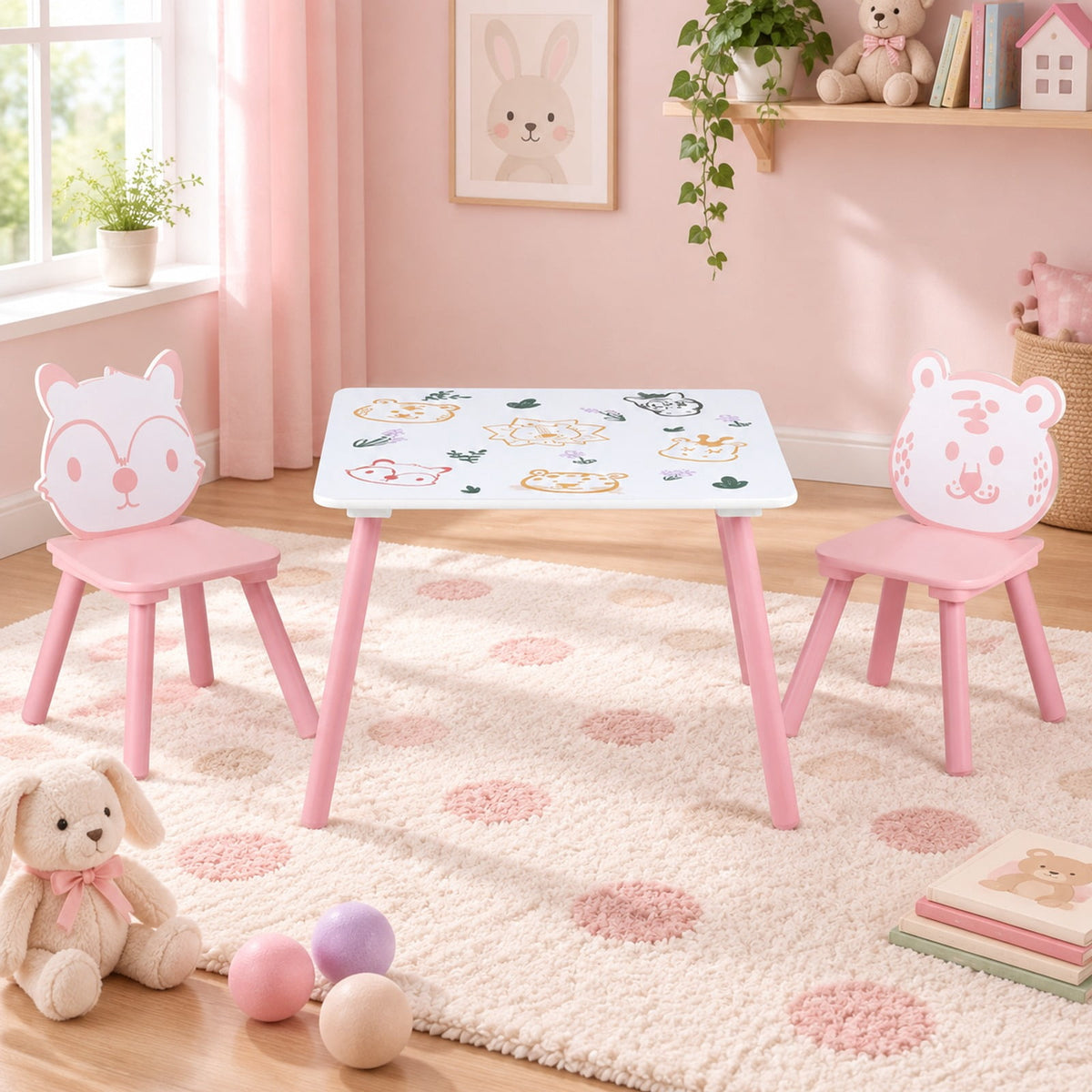 Airfind 3 Pieces Kids Table and Chairs Set with Animal Patterns for Kids, 44 lbs Capacity, Pine Wood Frame, for 3-6 Years Old