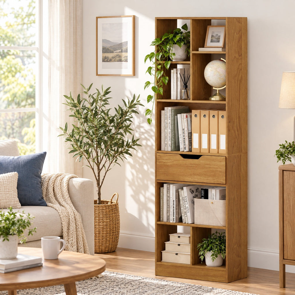 Airfind 61inch Tall Freestanding Bookcase with Drawer 8-Cube Storage Organizer, 187 lbs Capacity, Engineered Wood MDF Frame, Natural