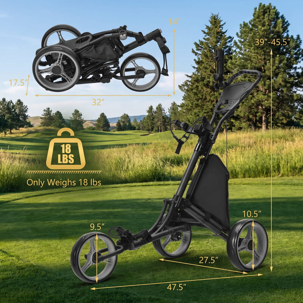 Airfind Folding 3 Wheel Golf Push Cart with Aluminum Frame and Storage Bag and Scoreboard and Adjustable Handle and Cup Holder, Gray