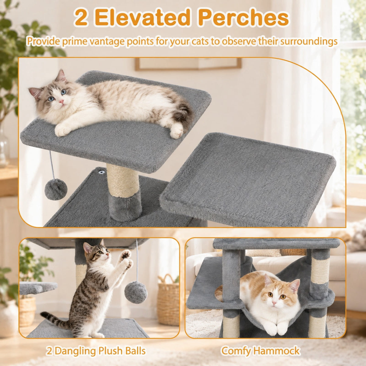 Airfind 57 Inch Cat Tree with Dual Condos and Hammock and 2 Dangling Balls, 29 x 16 Footprint, Light Gray
