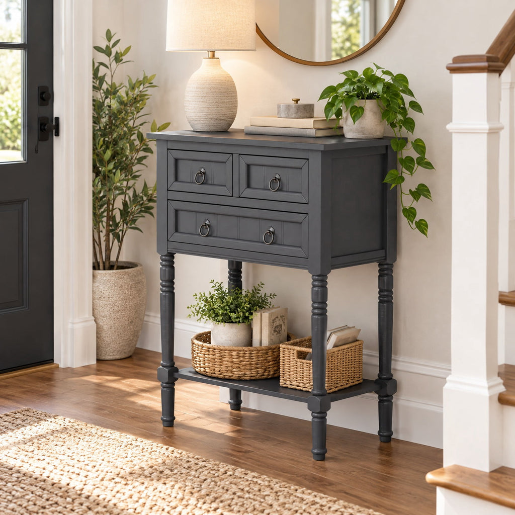 Airfind Narrow Console Table with 3 Storage Drawers and Open Bottom Shelf, 154 lbs Capacity, MDF Rubber wood Acacia Wood Frame, Gray