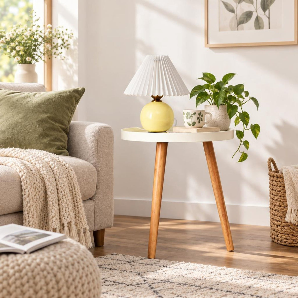 Airfind Round Side Sofa Coffee Table with Wooden Tray, 33 lbs Capacity, MDF panel bamboo feet Frame, White
