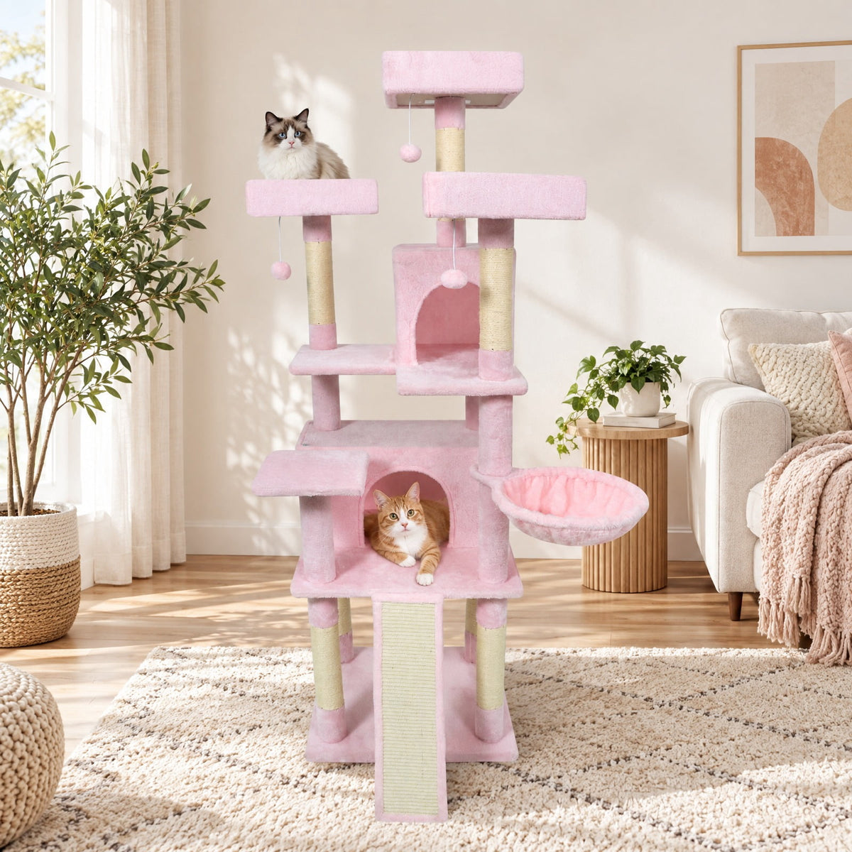 Airfind 65 Inch Tall Multi-level Cat Tree with 3 Upholstered Perch and 2 Cat Condos, Fabric Sisal Engineered Wood Overall Height 65 Inch Base Frame