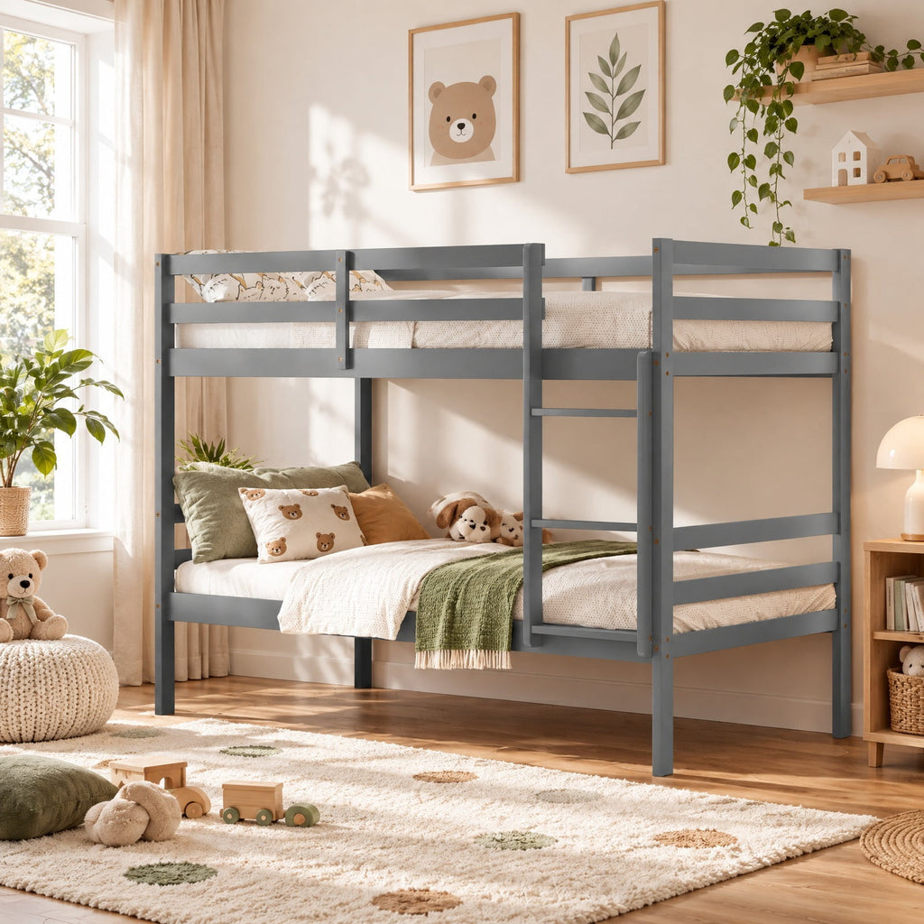AIRFIND Twin Over Twin Bunk Bed with Pine Wood Frame, Plywood Slats, Inclined Ladder, Guardrails and Wall Brackets, Mattress Not Included, Gray