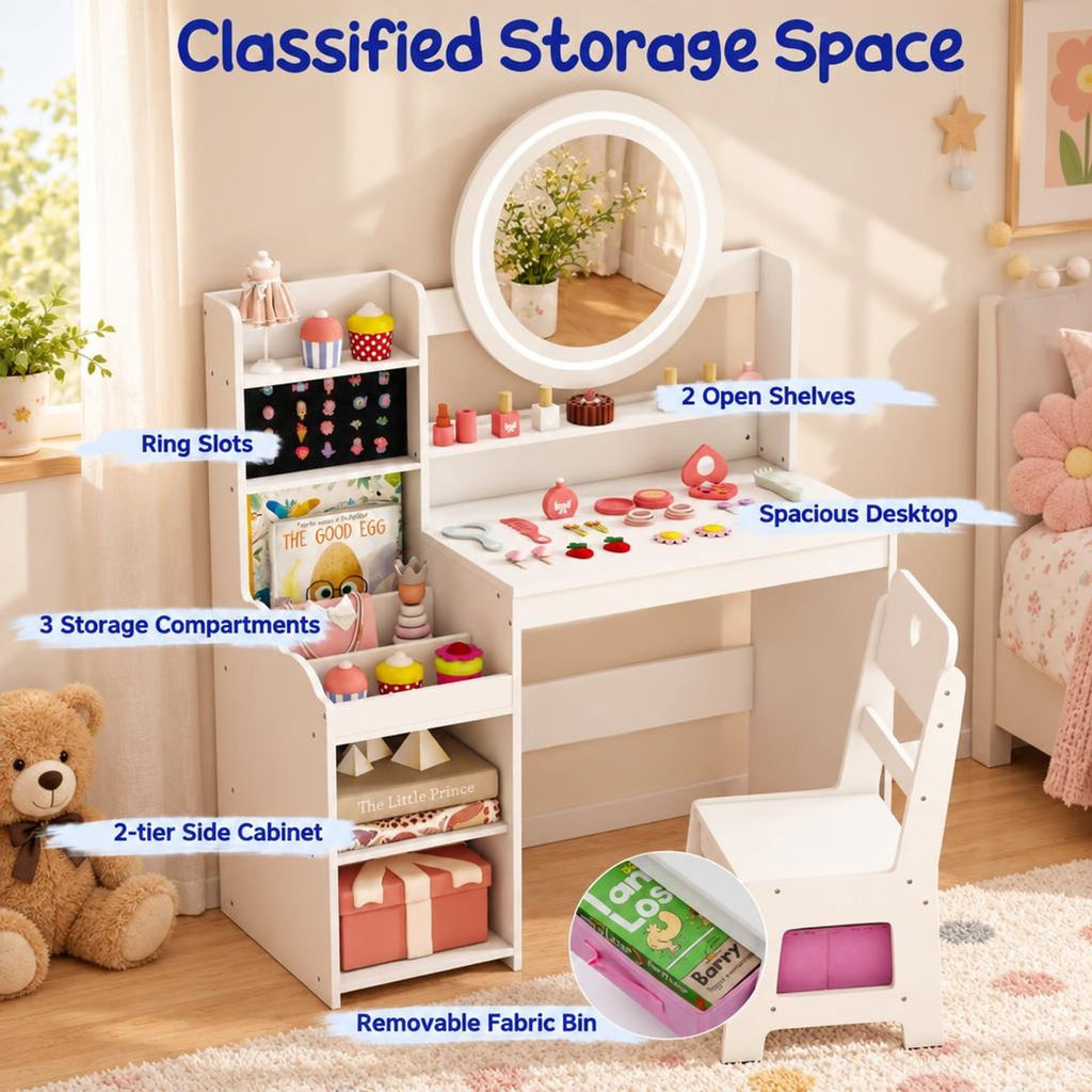 Airfind Kids Vanity Desk with Mirror and Lights Princess Pretend Play Dressing Table and Chair Set, 66 lbs Capacity, MDF Frame, for 3+ years old