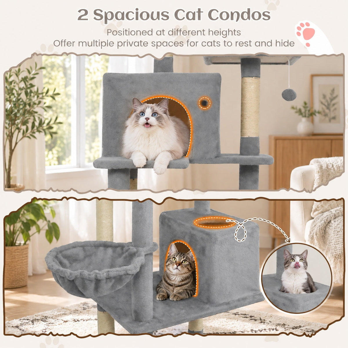 Airfind 80 Inches Tall Cat Tree with 2 Large Condos and Dangling Toys, 33 lbs Capacity, Engineered Board Sisal Plush Fabric Sponge Frame, Light Gray