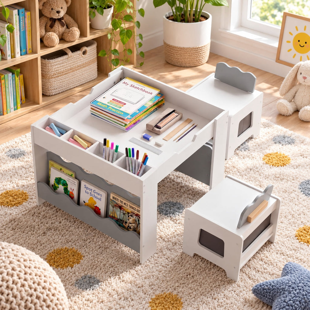 Airfind Multi-purpose Activity Kids Table and Chairs Set with Double-sided Tabletop, 55 lbs Capacity, MDF Frame, 26 Inch x 25 Inch x 19 Inch Footprint, Gray