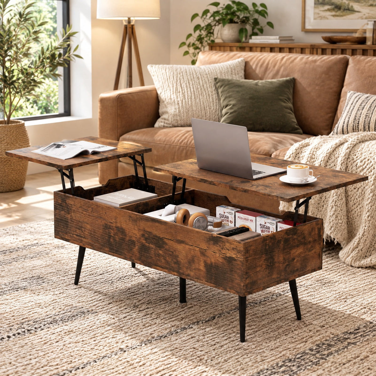 Airfind 47 Inch Lift Top Coffee Table with 2 Hidden Compartments, P2 Engineered Wood Solid Wood Steel Frame, Coffee