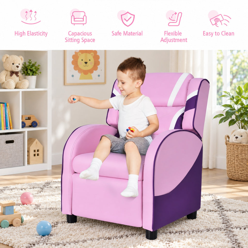 Airfind Kids Leather Recliner Chair with Side Pockets, Solid wood PU leather sponge plastic iron Frame, for 3-9 years old, Pink