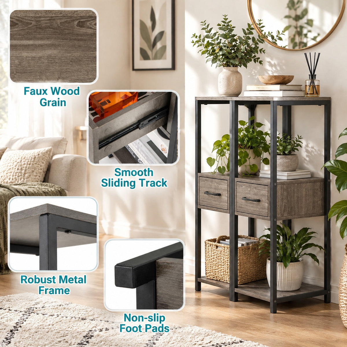 AIRFIND Plant Stand with Three Display Tiers and Storage Drawer, Tall Metal Frame Shelf for Potted Plants, 12 x 12 x 36 in, Gray and Black