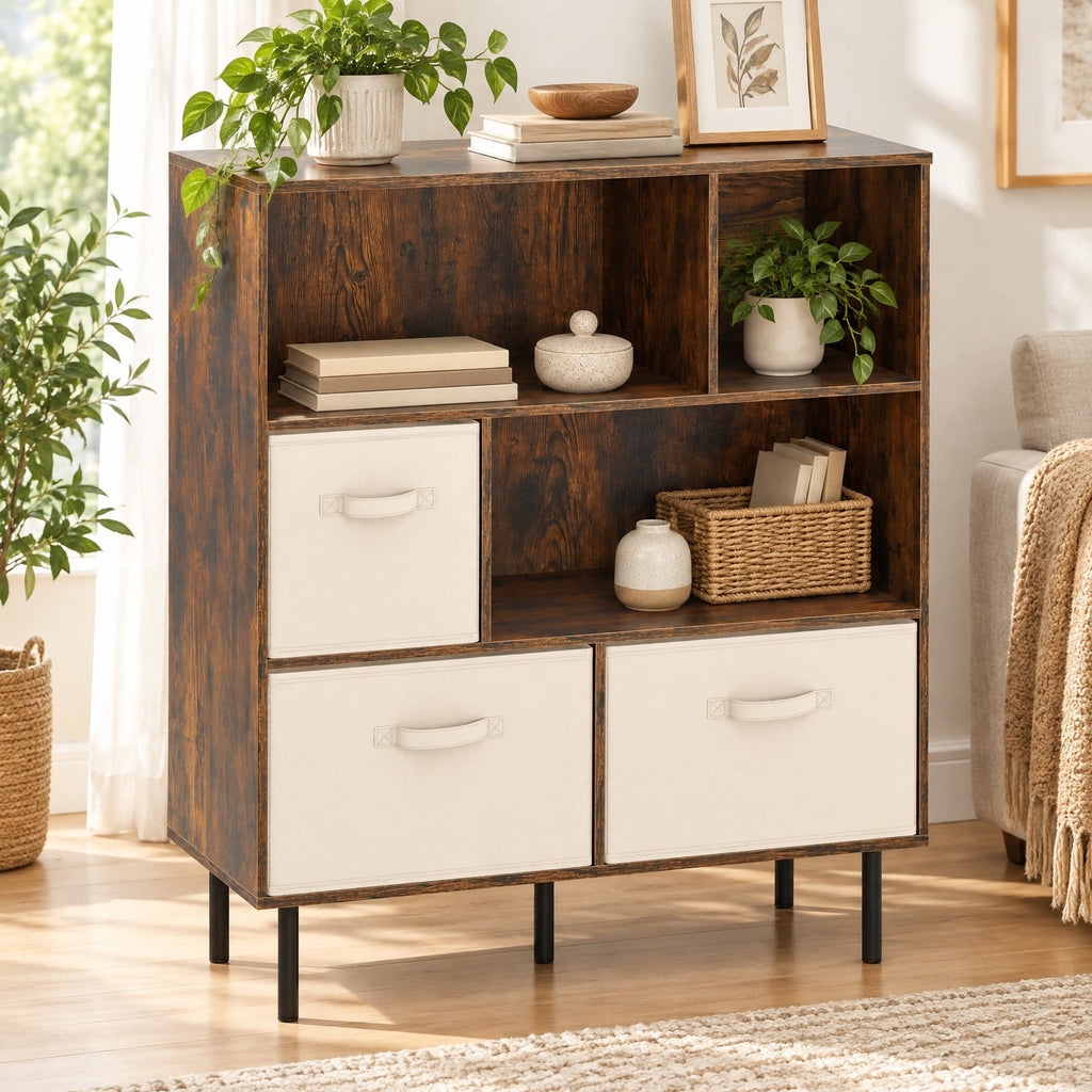 Airfind 6-Cube Bookshelf with 3 Removable Folding Fabric Drawers for Living Room, 330 lbs Capacity, Metal Engineered Wood Frame, Natural