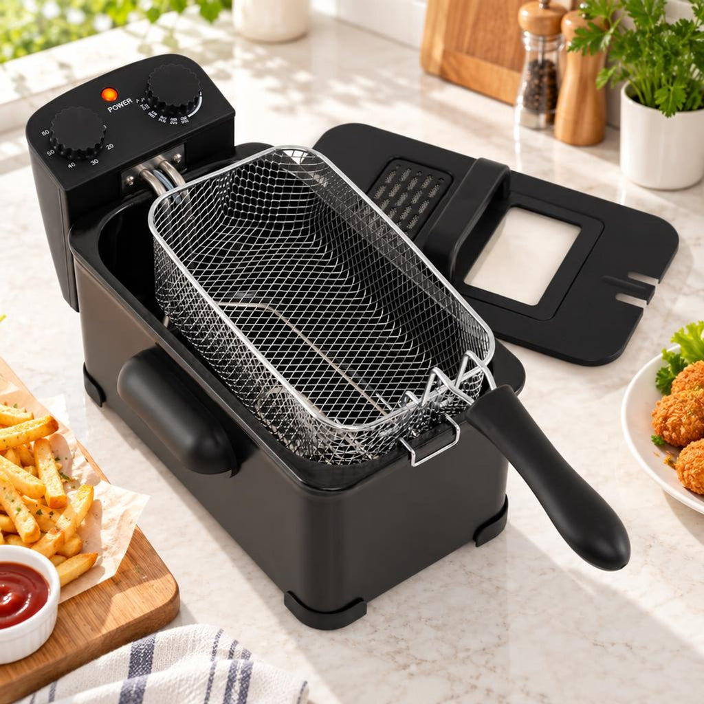 Airfind 3.2 Quart Electric Stainless Steel Deep Fryer featuring Timer, Stainless Steel Iron Frame, 21.5 Inch x 9.5 Inch x 8.5 Inch Footprint, Black