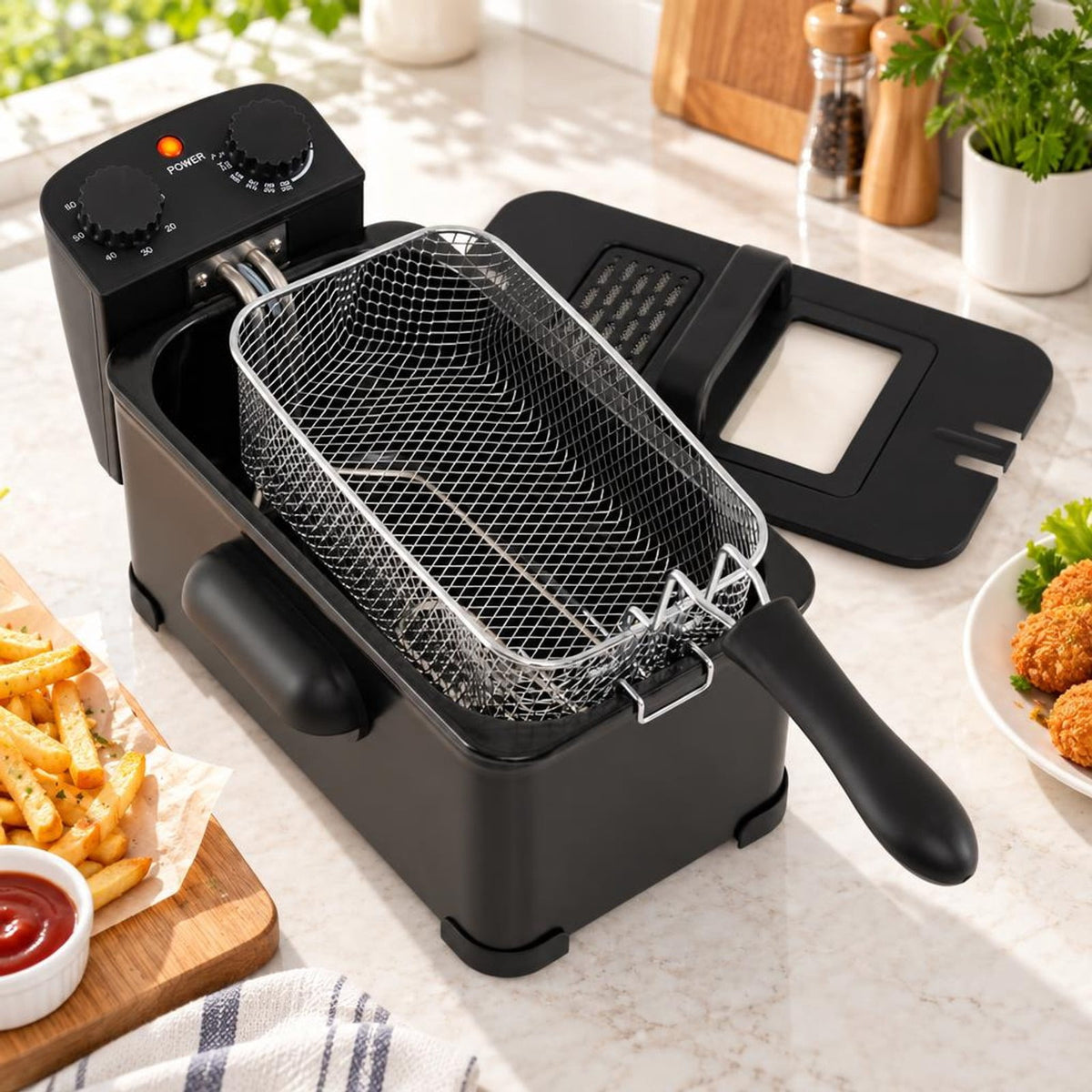 Airfind 3.2 Quart Electric Stainless Steel Deep Fryer featuring Timer, Stainless Steel Iron Frame, 21.5 Inch x 9.5 Inch x 8.5 Inch Footprint, Black