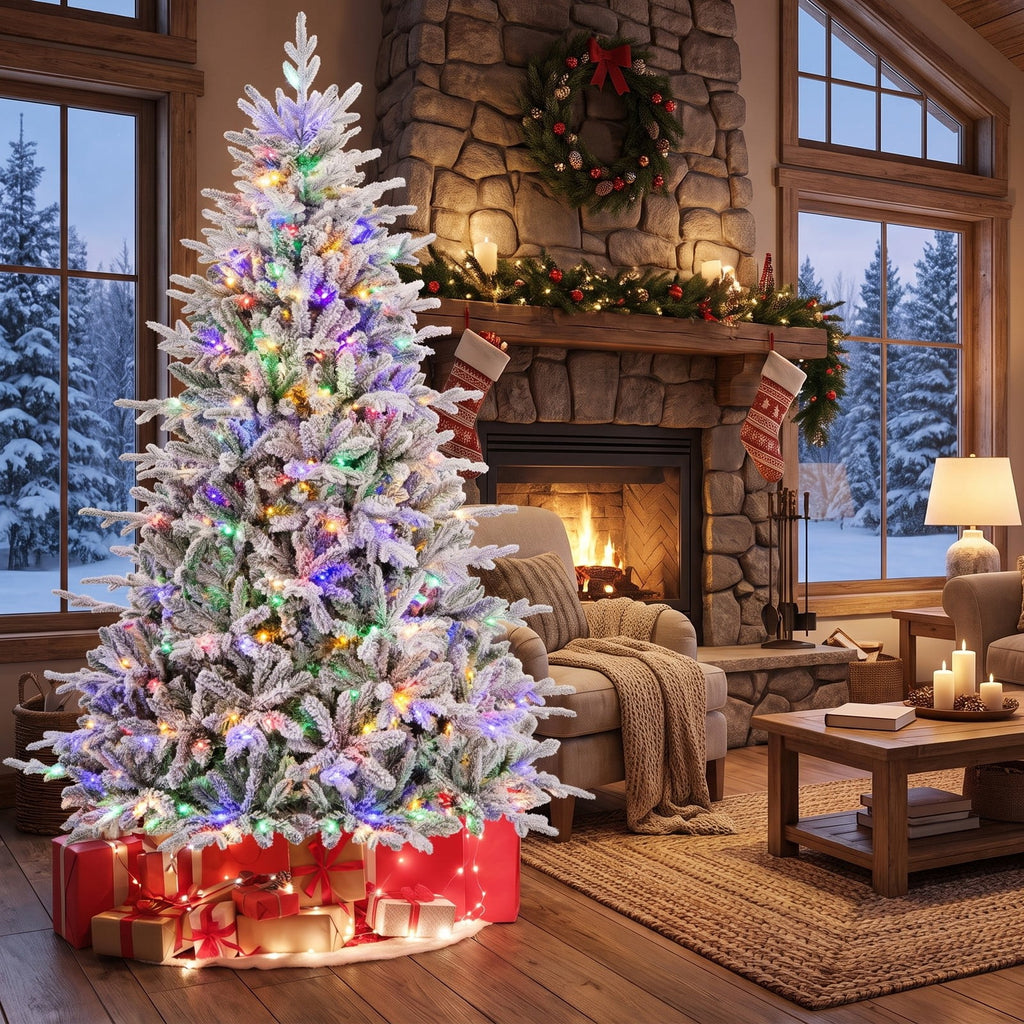 Airfind 7 Feet Flocked Christmas Tree with 8 Lighting Modes and Multi-Color LED Lights-7 ft, Green and White