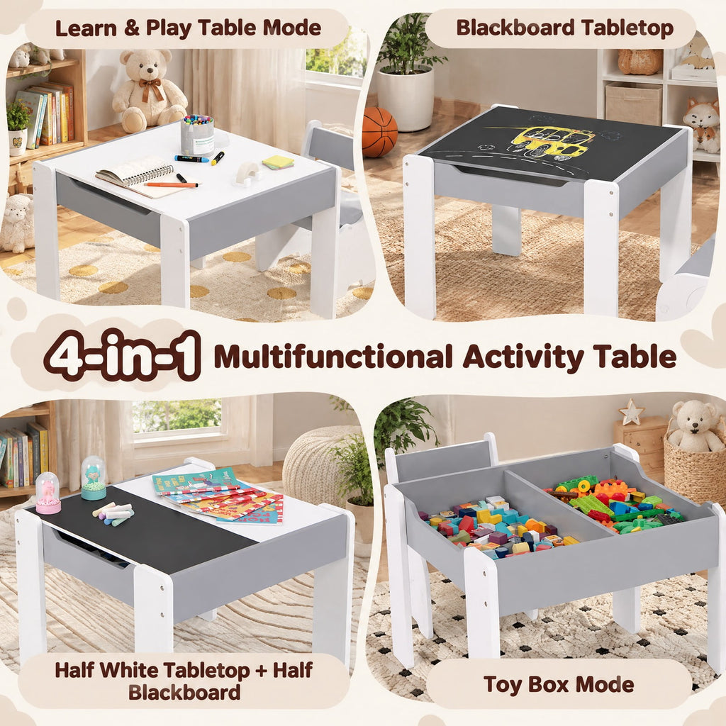 Airfind 4-in-1 Wooden Activity Kids Table and Chairs with Storage and Detachable Blackboard, 66 lbs Capacity, MDF Frame, for 3-6 Years old, Gray