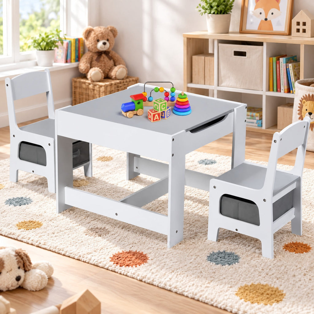 Airfind Kids Table Chairs Set With Storage Boxes Blackboard Whiteboard Drawing, P2 MDF Applicable age 3-7 Years Frame, 24.5 Inch x 24.5 Inch x 19 Inch Footprint
