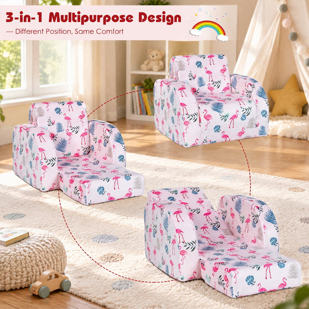 Airfind 3-in-1 Convertible Kid Sofa Bed Flip-Out Chair Lounger for Toddler, 66 lbs Capacity, Velvet fabric sponge Fully expanded Frame, Pink