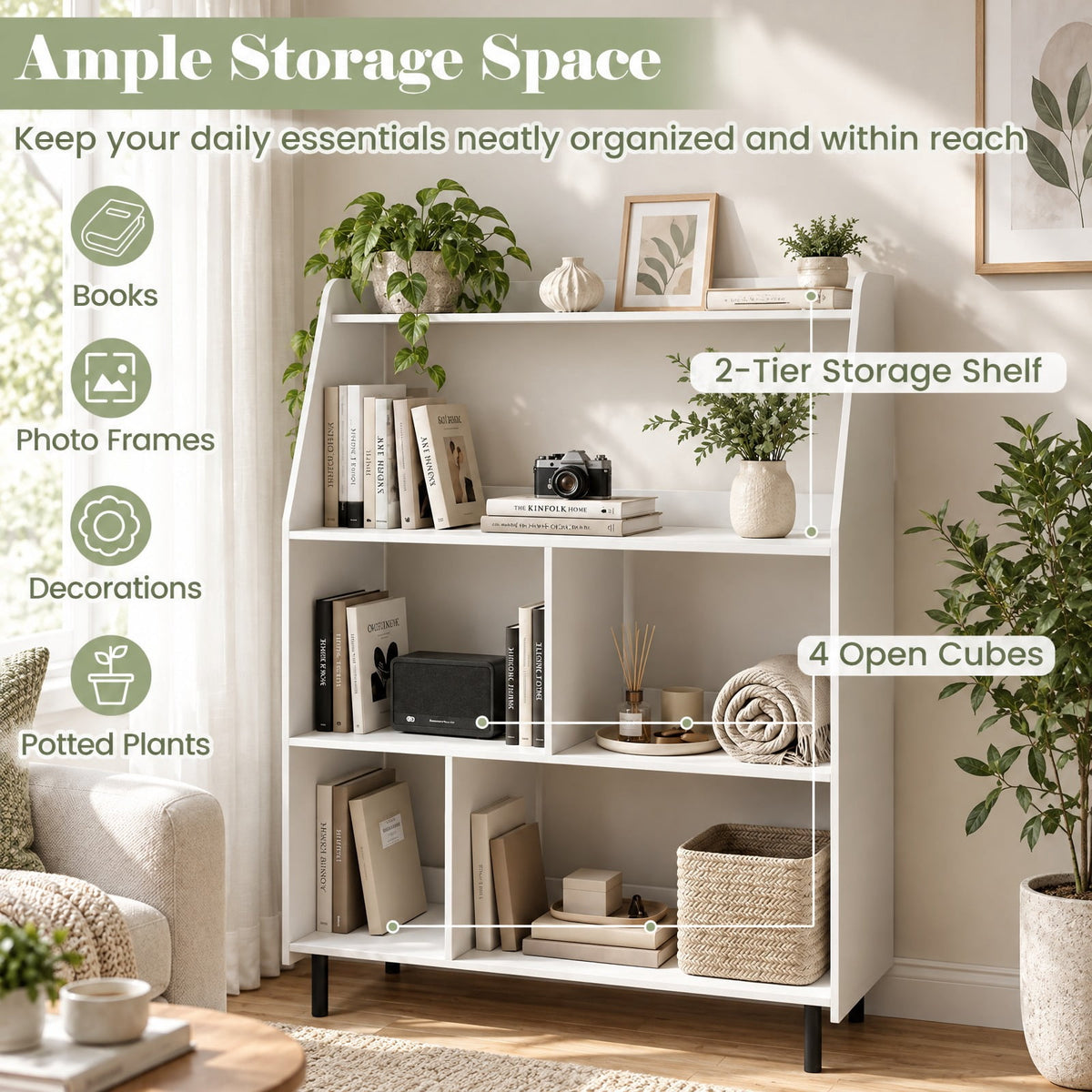 Airfind 4-Tier Open Modern Bookcase with 2 Anti-Tipping Kits, 55 lbs Capacity, Engineered Wood Metal Frame, 36 Inch x 13.5 Inch x 47 Inch Footprint, White