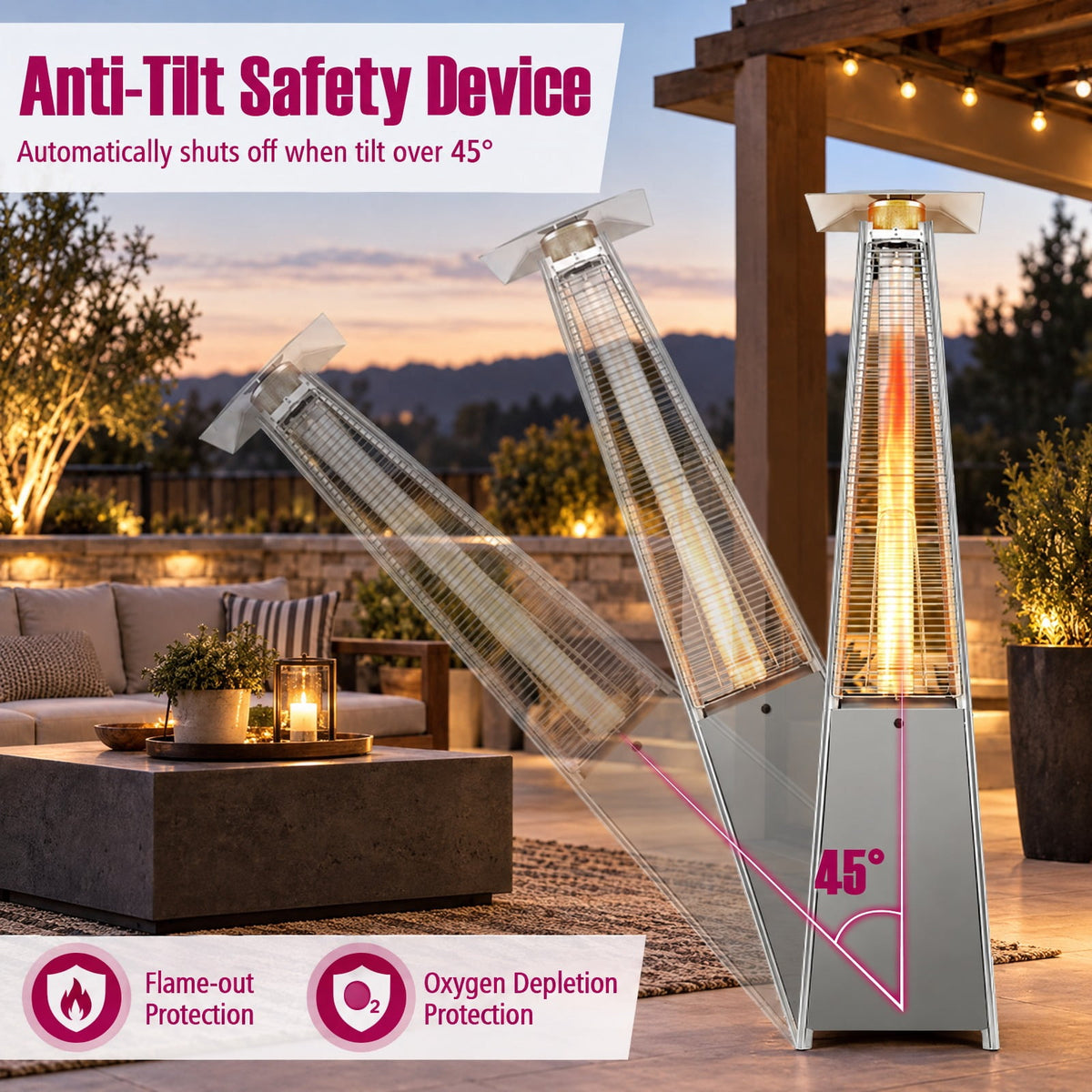 Airfind 45000 BTU Pyramid Patio Heater with Zippered Cover Triple Safety Protection and wheels, Gray
