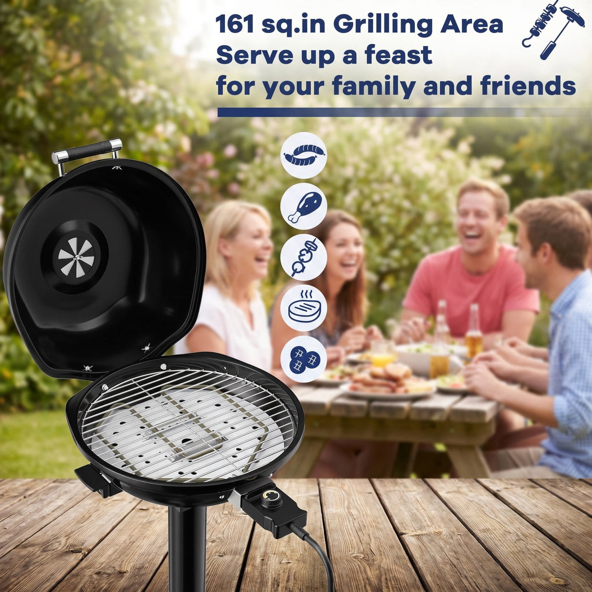 Airfind 1600W Portable Electric BBQ Grill featuring Removable Non-stick Rack, Metal Stainless Steel Frame, 20.5 Inch x 17.5 Inch x 32.5 Inch Footprint, Black