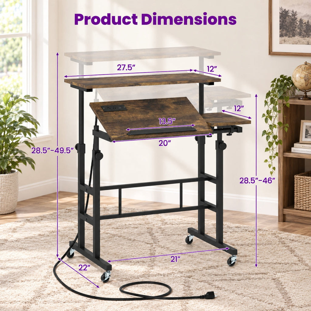 Airfind Height Adjustable Mobile Standing Desk with Power Outlets and Portable Rolling Laptop Cart on Wheels, Brown