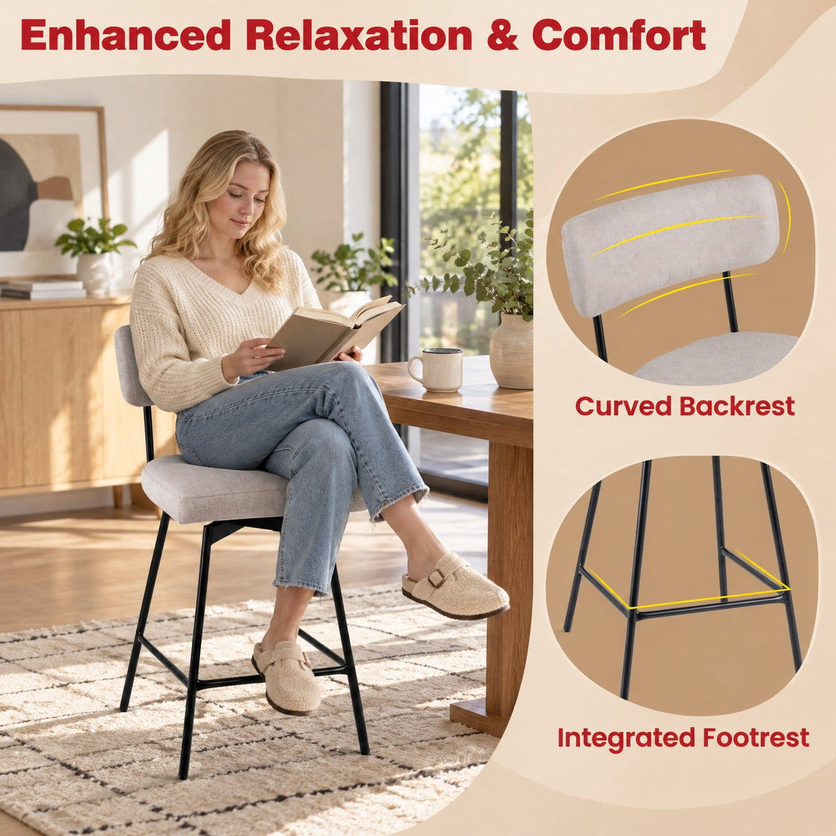 Airfind 25 Inch 2-Piece Modern Upholstered Bar Stools with Back and Footrests, 330 lbs Capacity, Polywood Metal Sponge Linen Type Cloth Frame, Beige