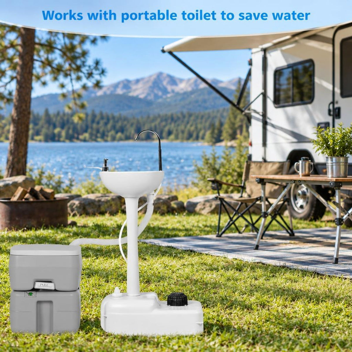 Airfind Camping Hand Wash Station Basin Stand with 4.5 Gallon Tank, HDPE metal Hand sink Frame, 19.5 x 13.5 x 40 ( L x W x H ) Sewage Footprint