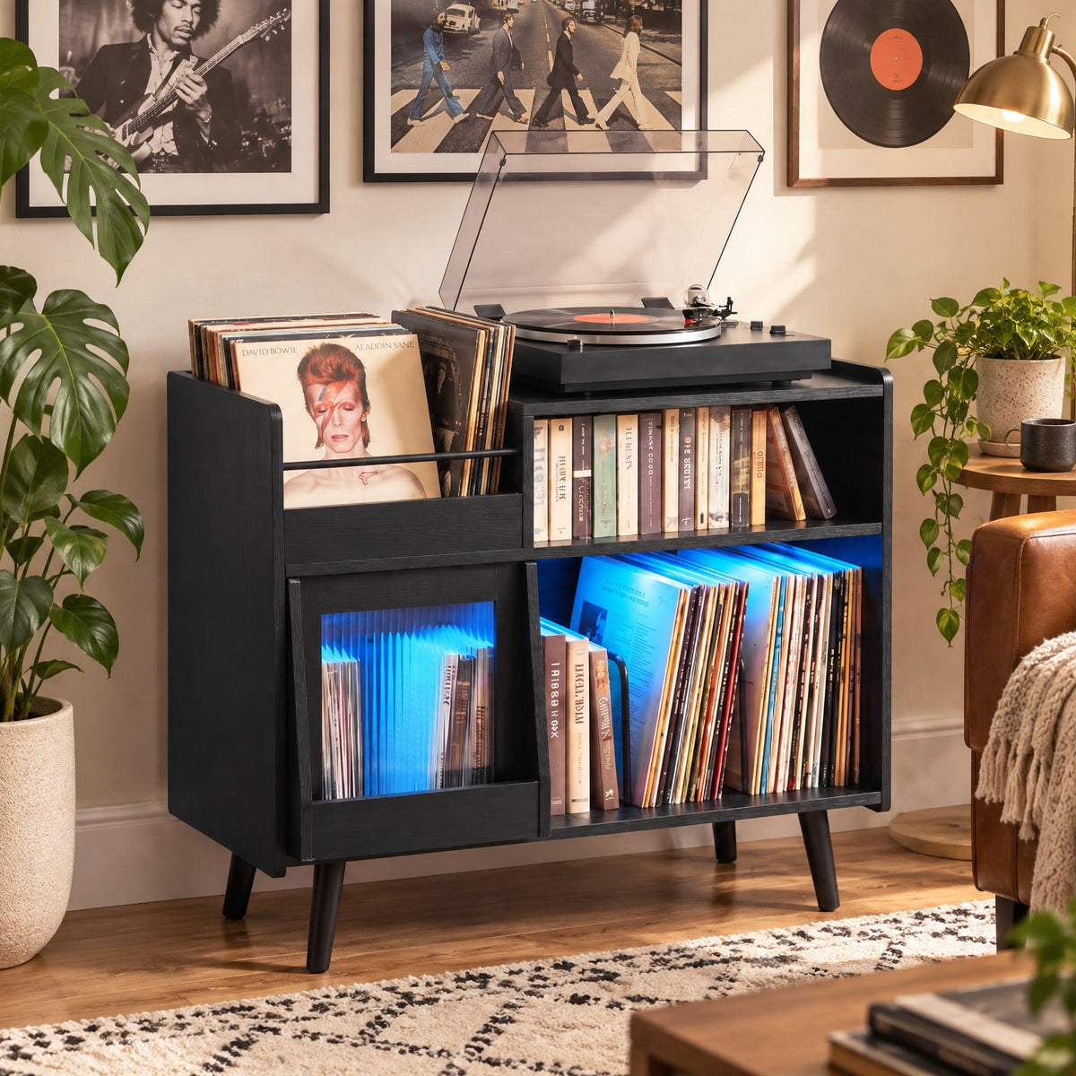 Airfind Record Player Stand with LED Light and Power Outlets, 66 lbs Capacity, PC board Plastic