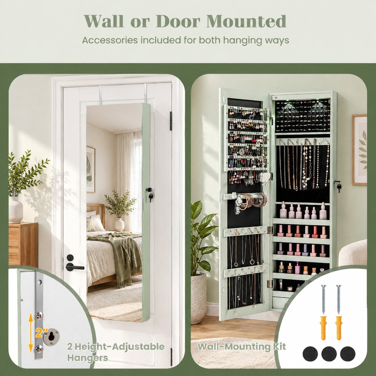 Airfind Wall and Door Mounted Mirrored Jewelry Cabinet with Lights, MDF Board Glass Mirror Frame, 14 Inch x 4 Inch x 54.5 Inch Footprint, Green