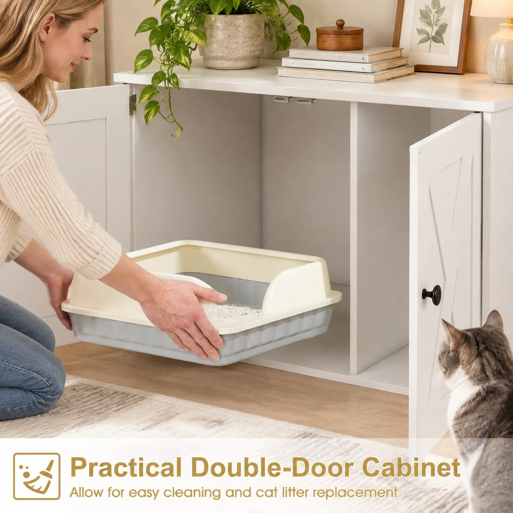 Airfind Hidden Cat Litter Box Enclosure Furniture with Divider, White, Large tabletop for plants decorations or storage, for Everyday Home Use