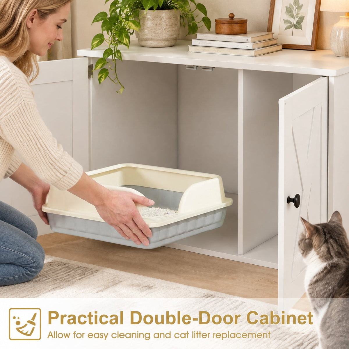 Airfind Hidden Cat Litter Box Enclosure Furniture with Divider, White, Large tabletop for plants decorations or storage, for Everyday Home Use