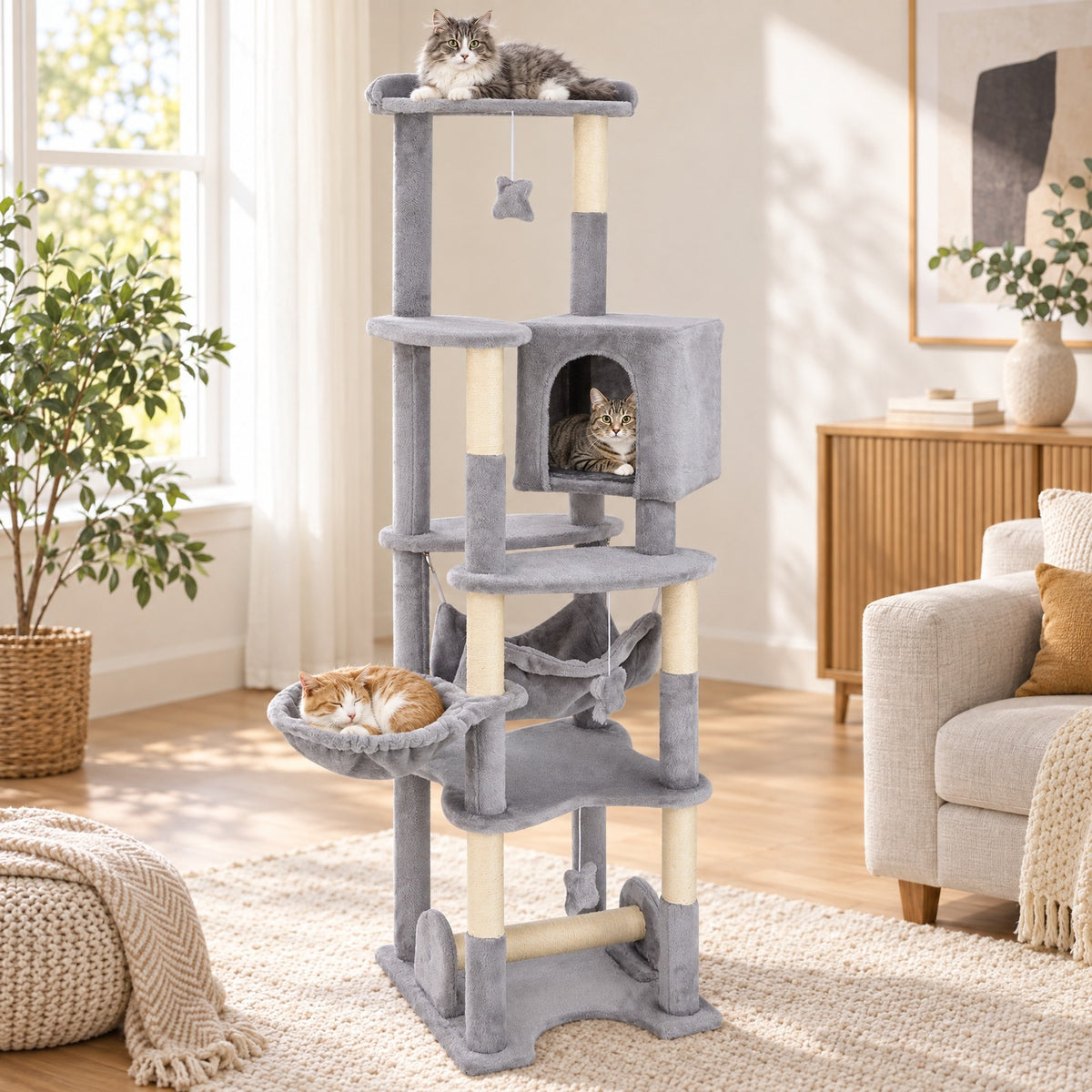 Airfind 69 Inch Multi-level Cat Tree with Top Perch and Cozy Condo, 11 lbs Capacity, Gray + Orange, Featuring large condo for peaceful rest