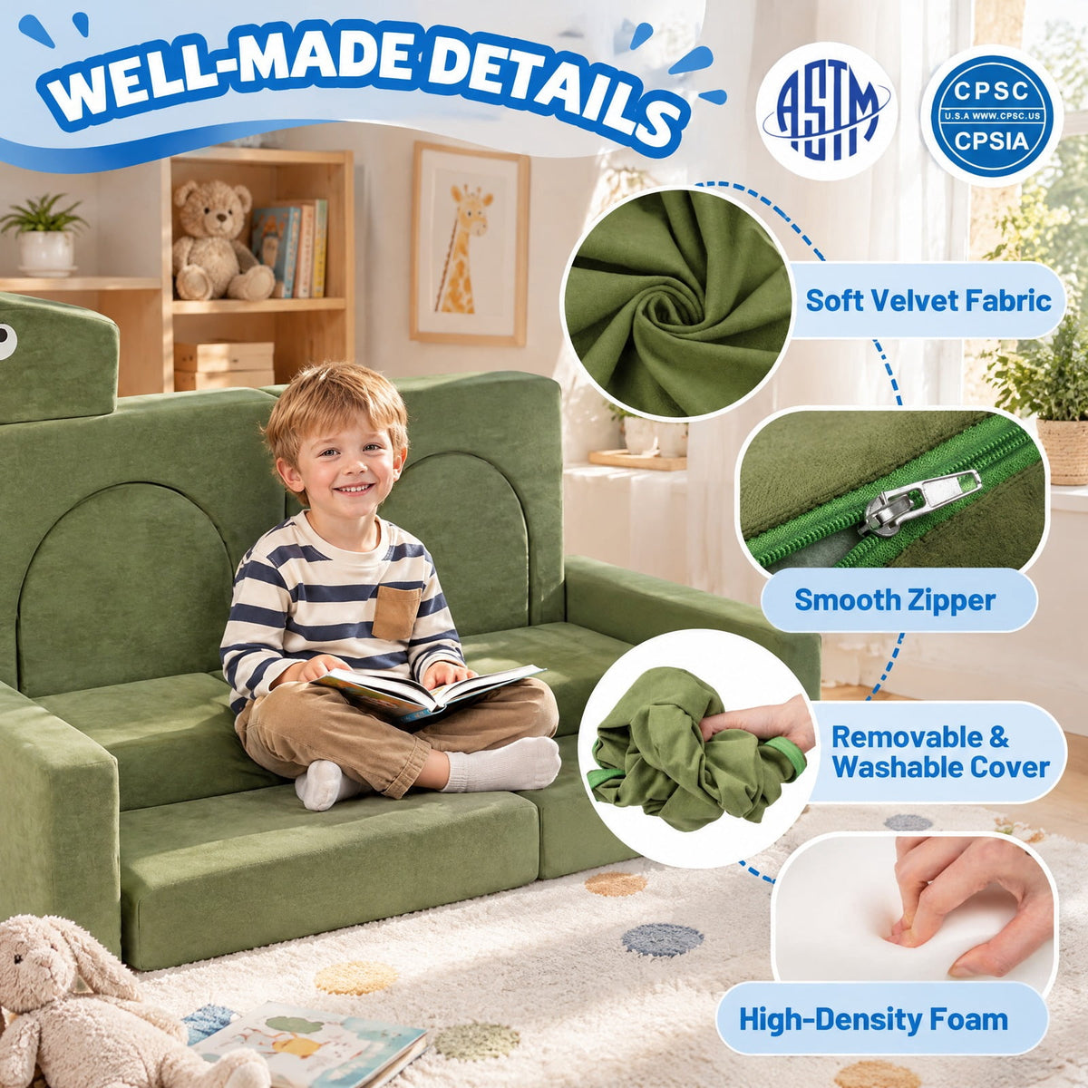 Airfind 13 Pieces Modular Youth Play Couch for Inspiring Creativity, Velvet Fabric, for 3 and Years Old, 56 Inch X 23.5 Inch X 38.5 Inch, Dinosaur, Unspecified