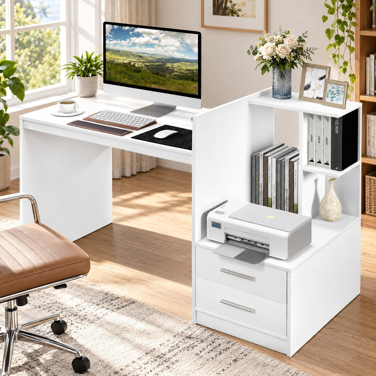 Airfind Computer Desk Home Office with Bookshelf and Drawers, 110 lbs Capacity, MDF Frame, 51 x 24 x 35.5 Footprint, White