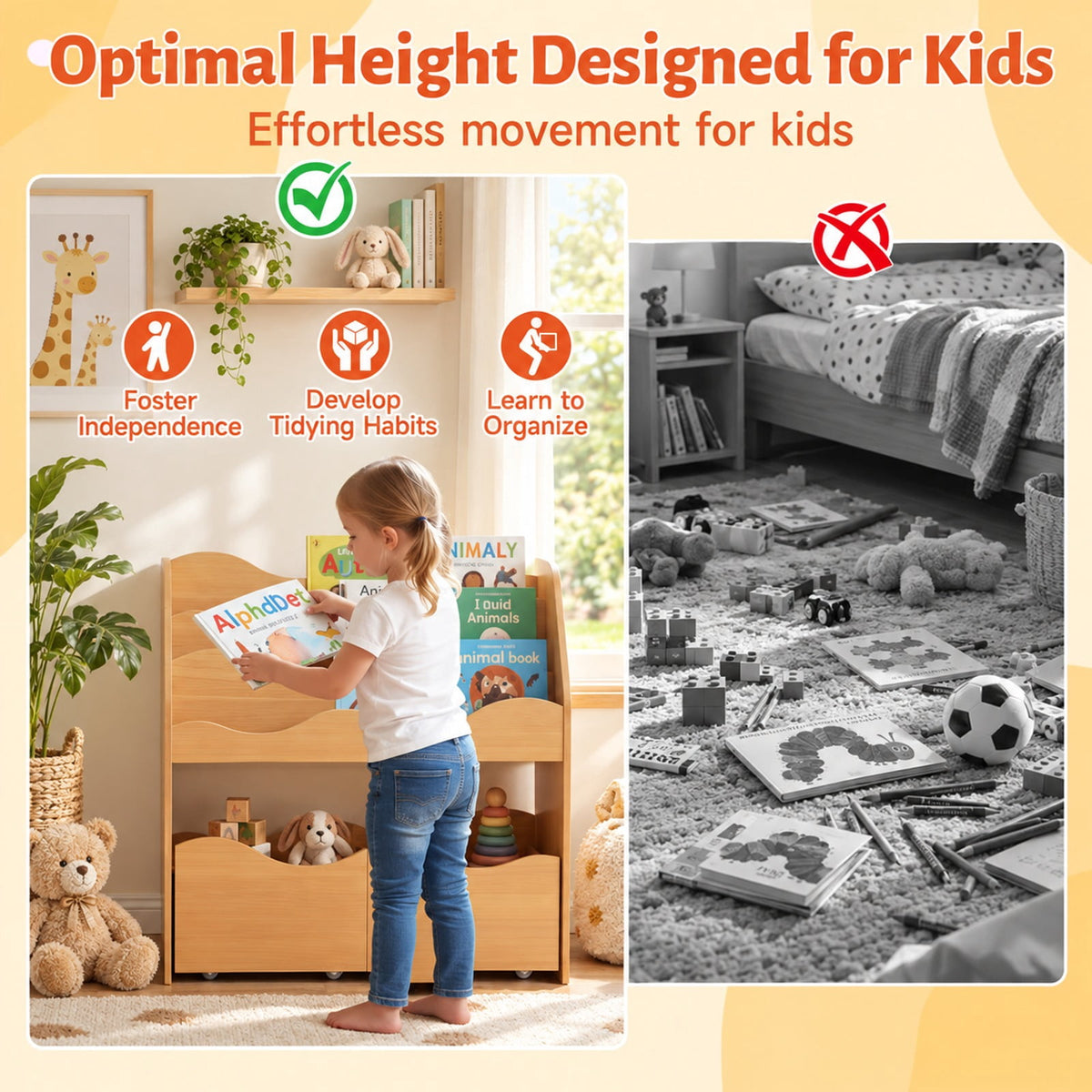Airfind Kids Toy Wooden Storage Organizer with 2 Rolling Drawers for Kids Room, 11 lbs Capacity, Engineered Wood Frame, Natural