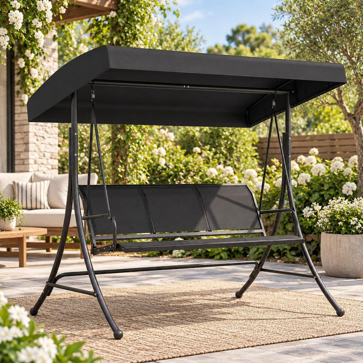 Airfind 3-Seat Patio Swing Chair with Adjustable Canopy, 800 lbs Capacity, Metal Frame, 75 Inch x 48 Inch x 67 Inch Footprint, Black