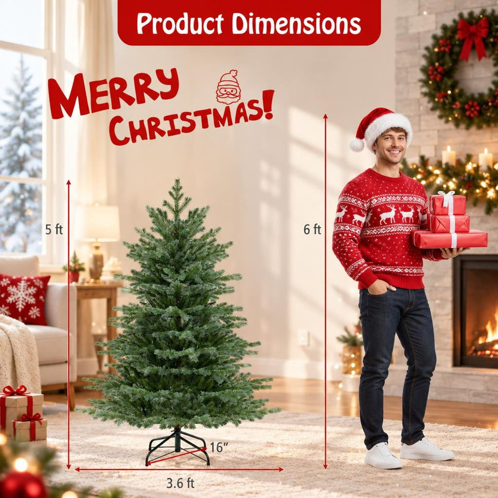 Airfind 5 Feet Artificial Christmas Tree with 1426 Lush PVC Branch Tips and 200 Warm White LED Lights, PVC PE Metal Frame, Green