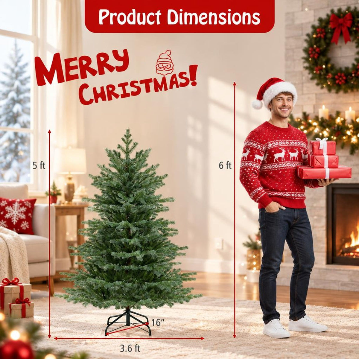 Airfind 5 Feet Artificial Christmas Tree with 1426 Lush PVC Branch Tips and 200 Warm White LED Lights, PVC PE Metal Frame, Green