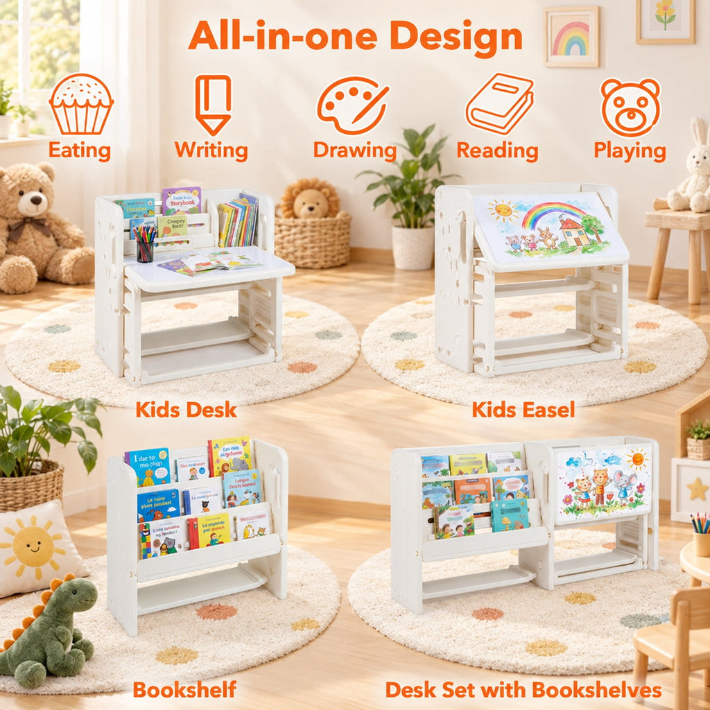 Airfind Kids Writing Desk and Chair Set with Side Bookshelves, 44 lbs Capacity, HDPE Frame, 53 Inch x 20 Inch x 27 Inch Footprint, White