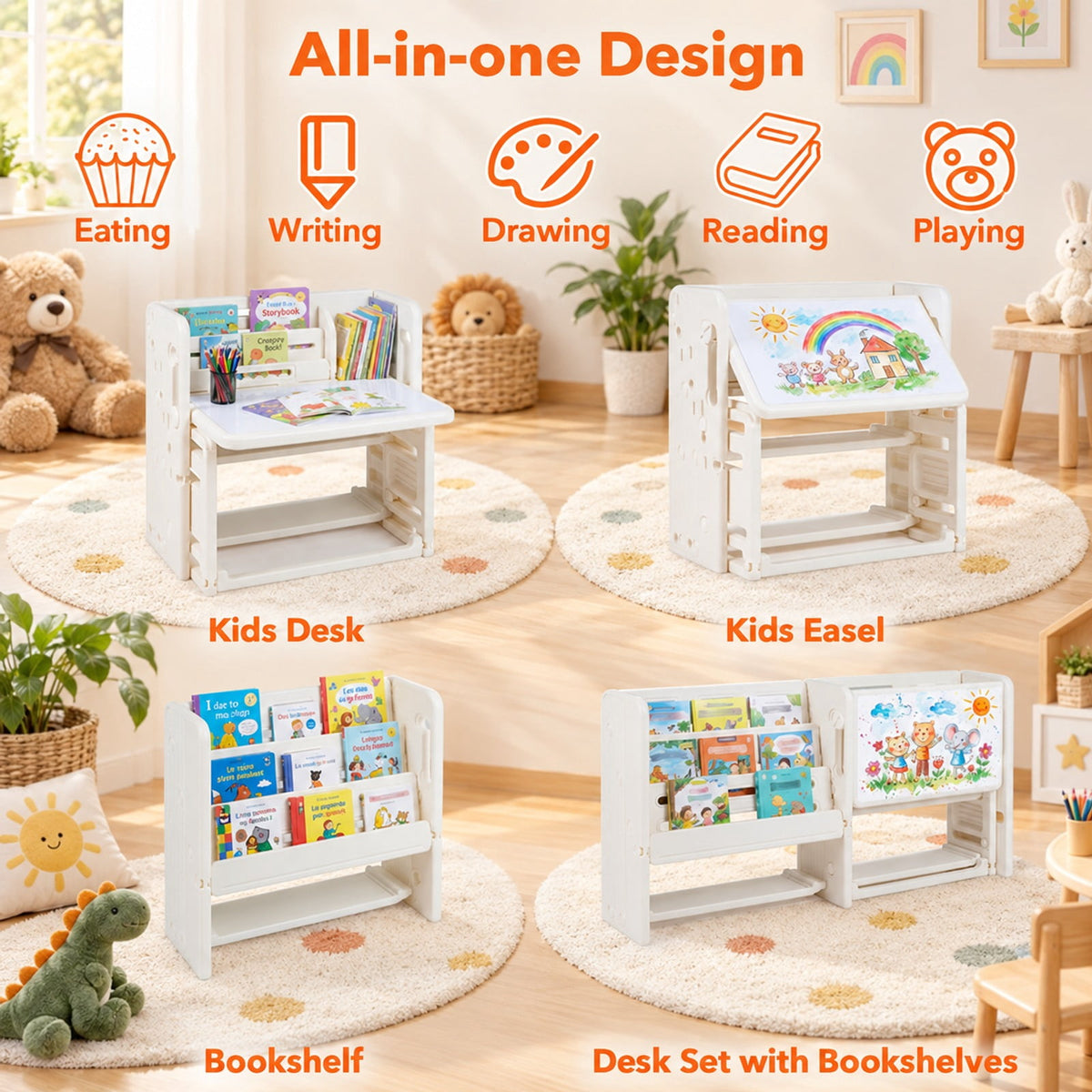Airfind Kids Writing Desk and Chair Set with Side Bookshelves, 44 lbs Capacity, HDPE Frame, 53 Inch x 20 Inch x 27 Inch Footprint, White