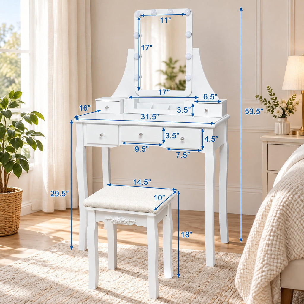 Airfind 10 Dimmable Light Bulbs Vanity Dressing Table with 2 Dividers and Cushioned Stool, 286 lbs Capacity, MDF Frame, White