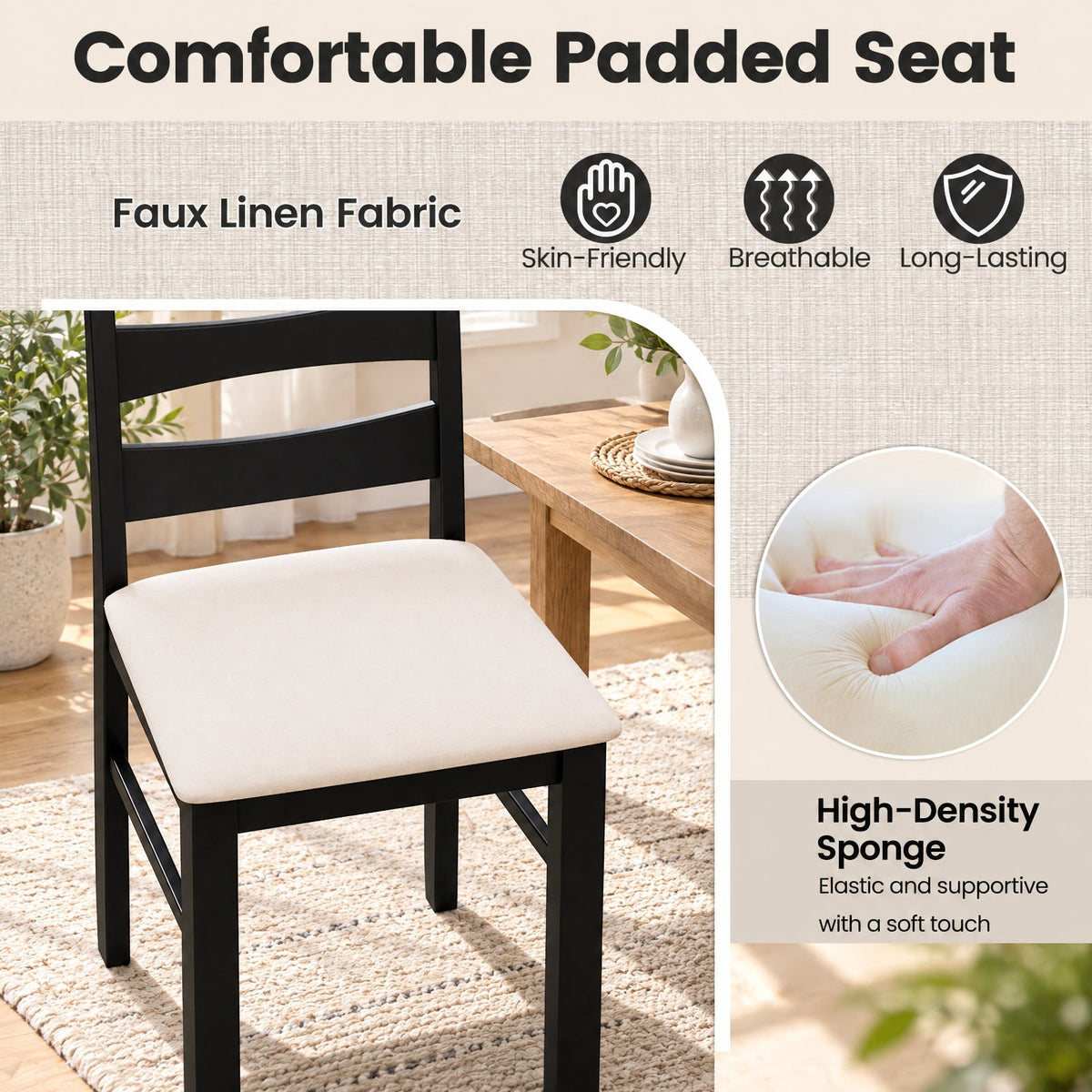 Airfind High Back Dining Room Chairs Set of 2 with Padded Seat, Capacity 330 lbs Capacity, Rubber Wood Faux Linen Fabric Sponge MDF Frame, Black