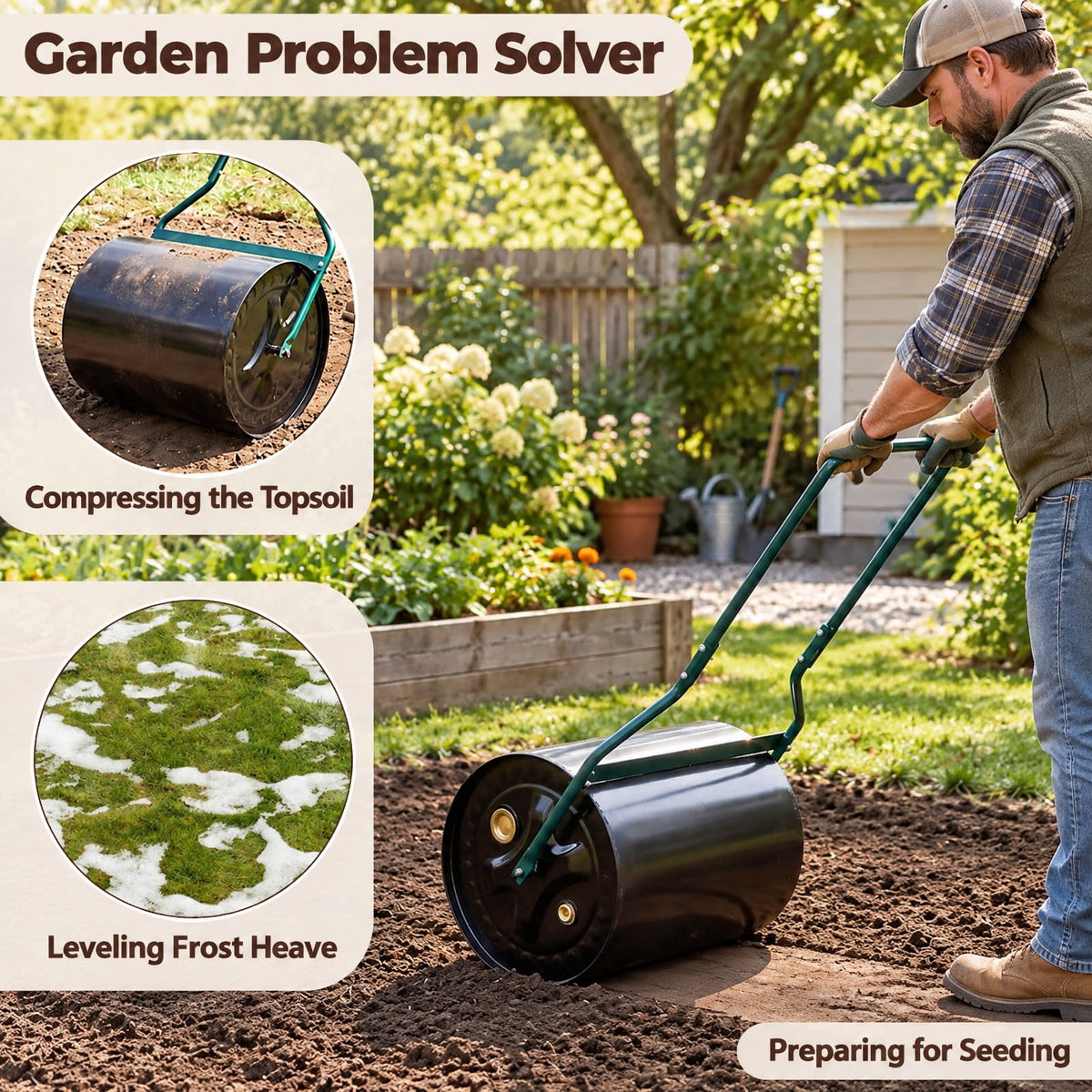 Airfind Lawn Roller 16 Gallon Water/Sand Filled Garden Drum Roller with Leak, Metal Frame, 21 x 16 x 44(L X W X H) Roller Footprint, Black