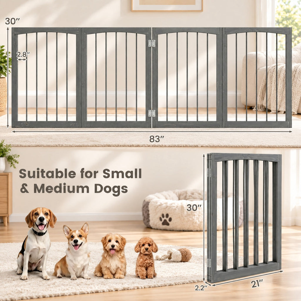 Airfind Wooden Pet Fence, 83 inch L x 30 inch H Dog Gate 4-Panel, for Indoor, Fir Wood Fully Expandable Frame, 21 Inch x 2.2 Inch x 30 Inch Footprint, Gray