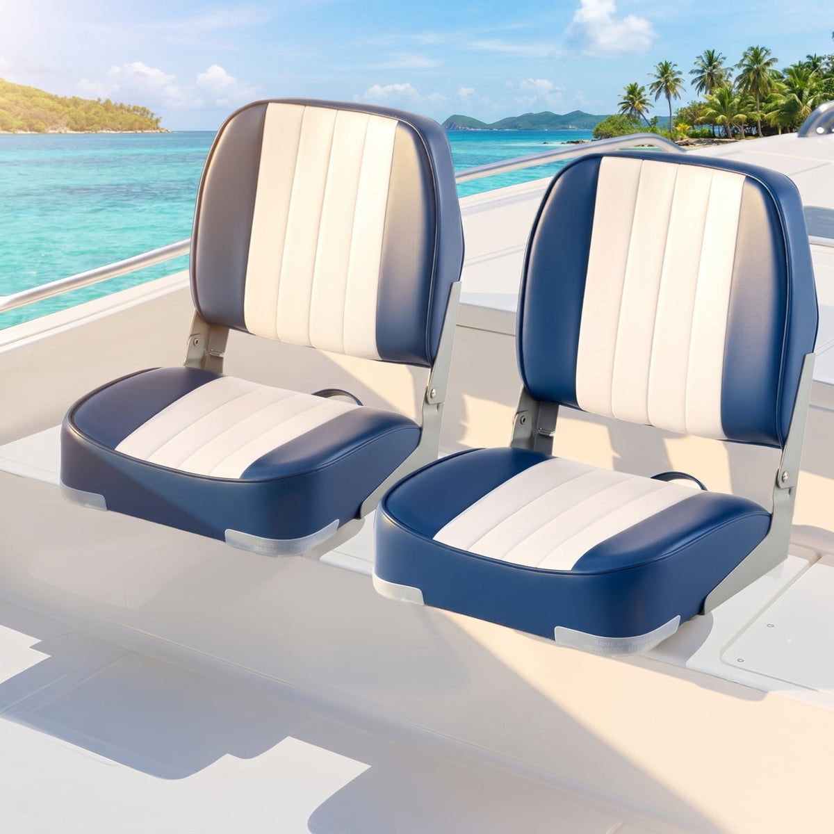 Airfind 2-Pack Folding Low-Back Boat Seats for Fishing Boat, Pontoon Runabout ¡ª Marine PVC Leather, Aluminum Hinges, 5 x 5 Bolt Pattern, 330 lb Rated (Blue White)