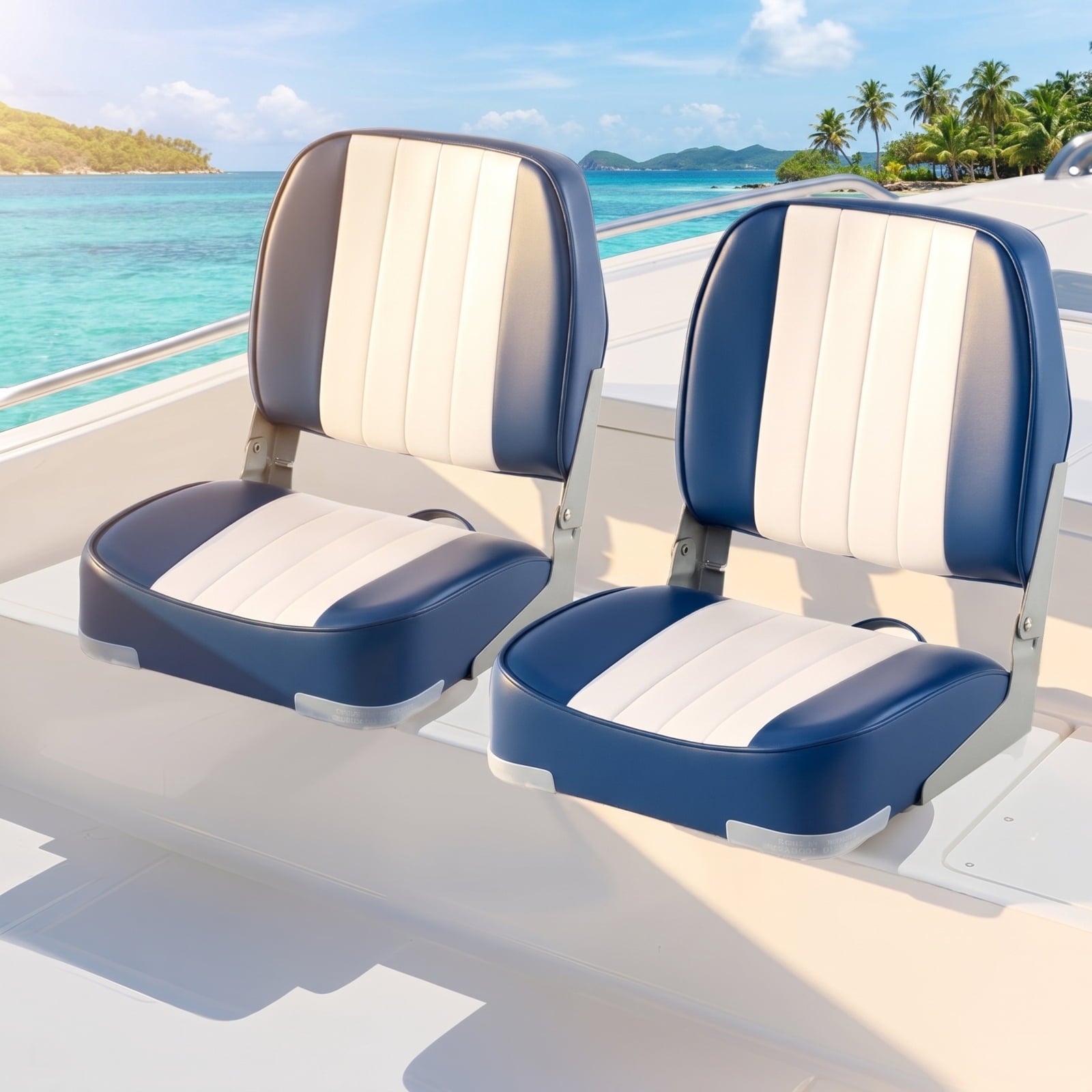 Airfind 2-Pack Folding Low-Back Boat Seats for Fishing Boat, Pontoon Runabout ¡ª Marine PVC Leather, Aluminum Hinges, 5 x 5 Bolt Pattern, 330 lb Rated (Blue White)